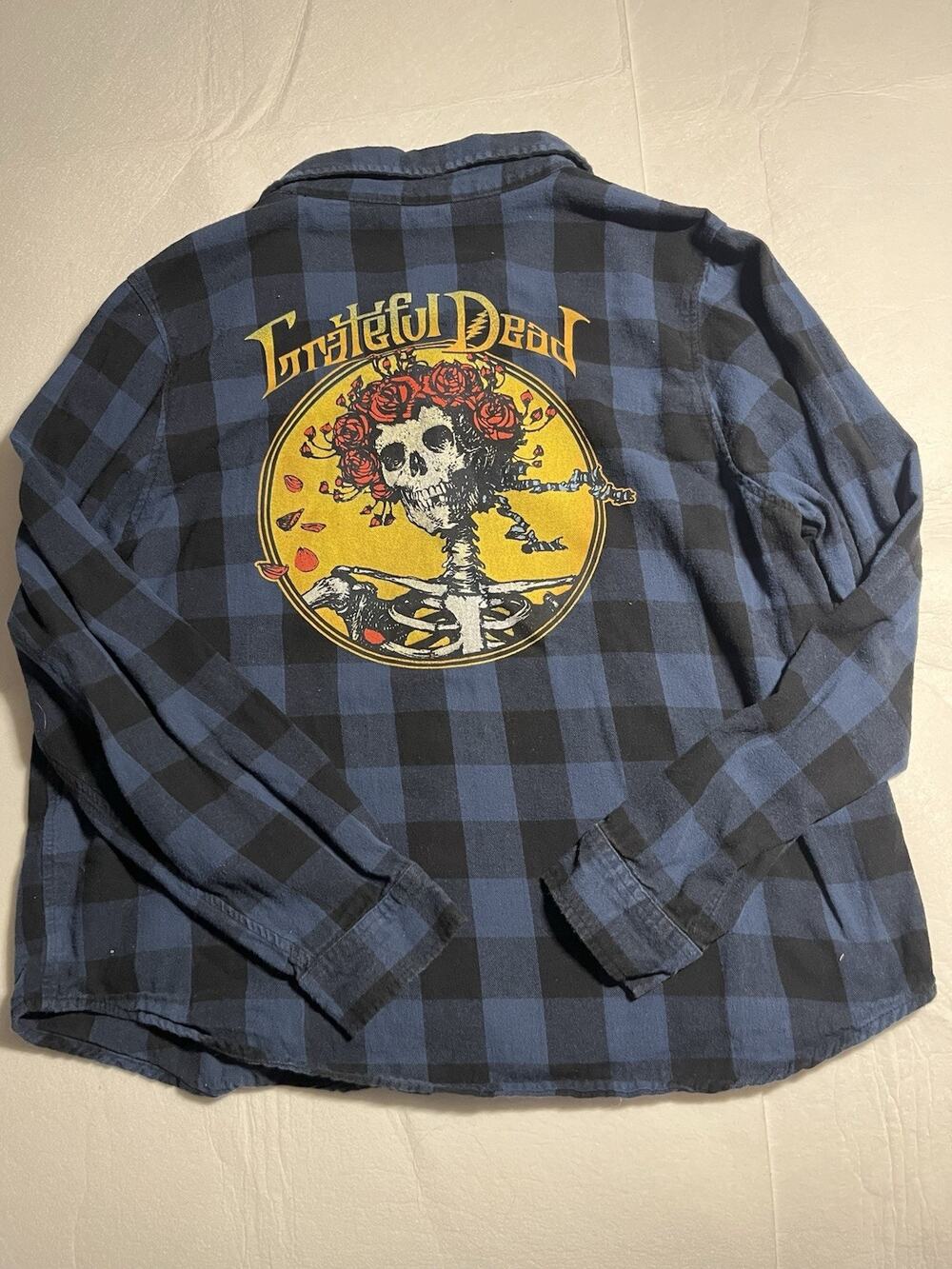 Grateful Dead Bertha Skull Roses Flannel Shirt Mens Large Blue Black Plaid Band